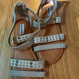 Tan; glittery sandals